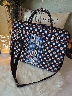 Vera Bradley Black Quilted Laptop Tote with Blue, Red and White NWOT